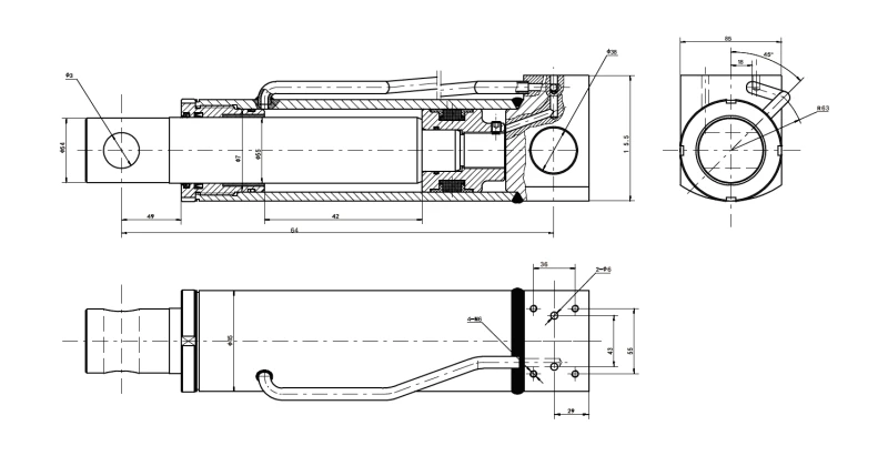 Detailed CAD drawing of EPYY11112027 rear outrigger cylinder detailing Φ70mm bore and reinforced Φ55mm rod