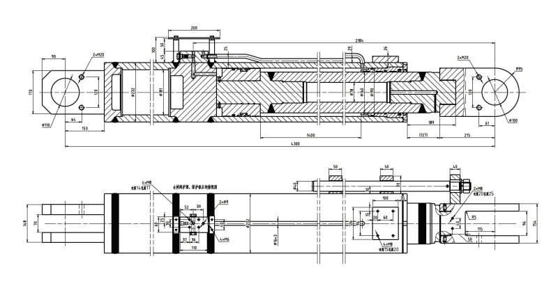 CAD engineering drawing of HCYY11112019 boom stop cylinder showing Φ190×Φ160×1400 dimensions and clevis pin geometry