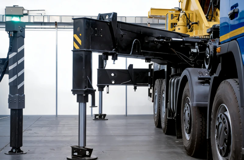 Close-up of EPYY11112020 crane frame support cylinder deployed on a heavy-lift outrigger