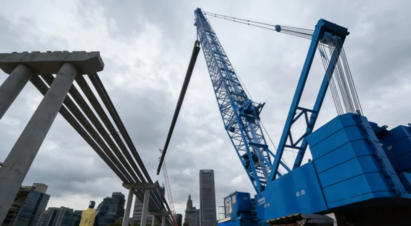 Heavy crawler crane equipped with specialized boom stop hydraulic cylinder in operation at infrastructure site
