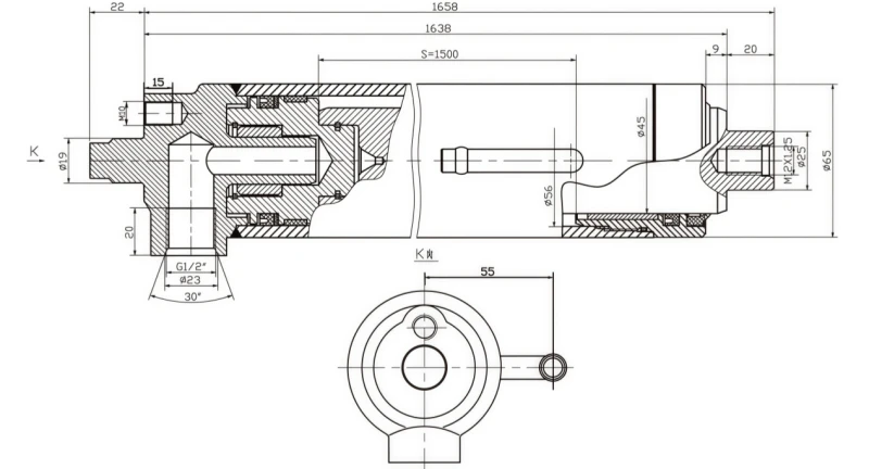 Detailed engineering CAD drawing and dimensions of Forklift lifting cylinder EPYY11112000