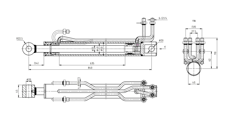 Detailed structural CAD blueprint of the EPYY11112026 rear rack opening hydraulic cylinder showcasing the Φ40mm bore