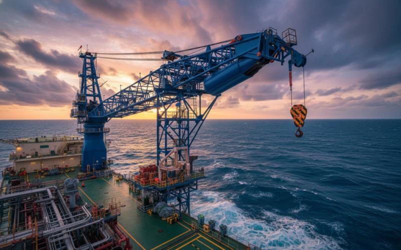 High-pressure marine crane drive shaft and hydraulic cylinder setup installed in heavy industrial maritime settings