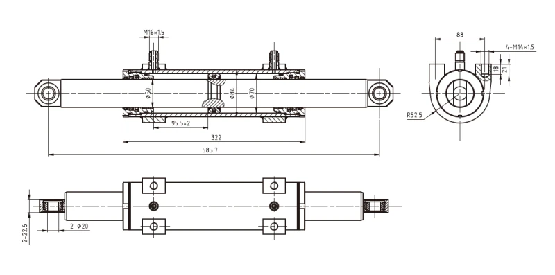 Detailed Engineering CAD drawing of double rod Forklift steering cylinder EPYY11112002 showing 585.7mm distance