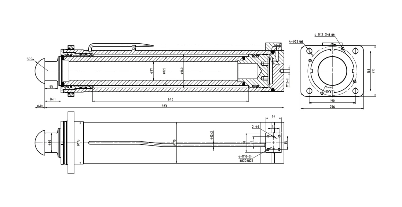 Technical CAD engineering blueprint for EPYY11112023 outrigger cylinder detailing bore specifications and mounting block geometry