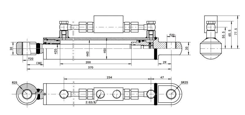 Technical engineering CAD drawing of compact EP series locking cylinder EPYY11112013 detailing internal manifold and rod-end geometry
