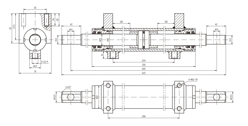Engineering CAD drawing detailing the dual stroke double rod steering cylinder EPYY11112007