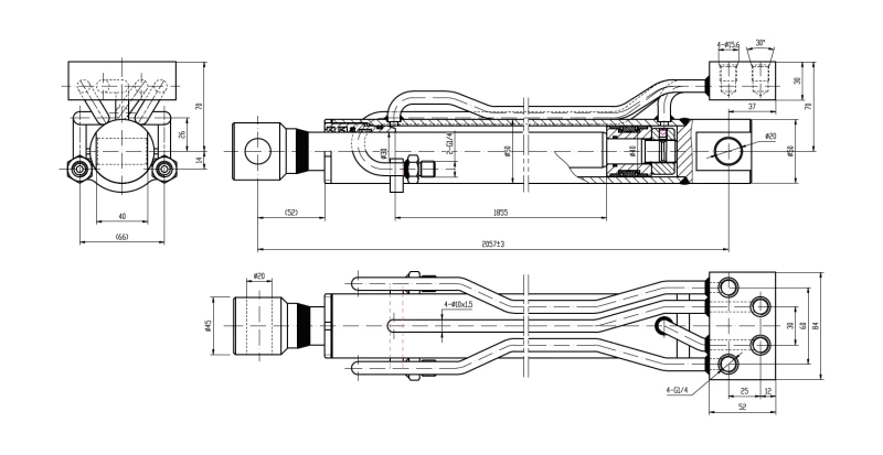 Detailed engineering CAD drawing showcasing the external hard piping and fluid routing of the EPYY11112024 rack cylinder