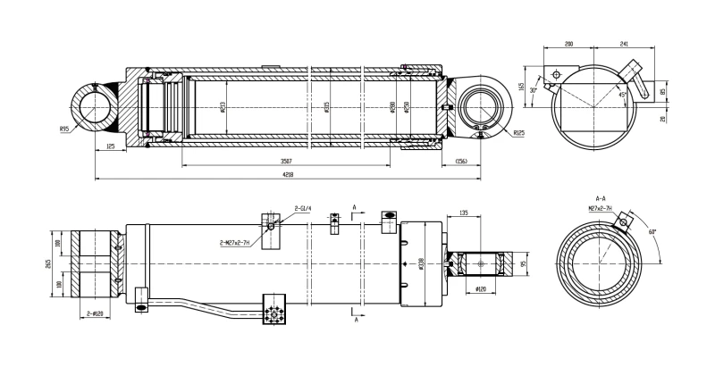 Structural CAD drawing of EPYY11112021 main boom angle cylinder detailing Φ280mm bore and 4218mm installation profile