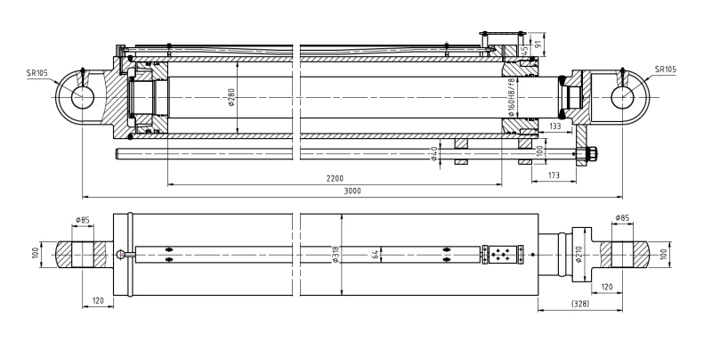 Engineering CAD drawing detailing the EPYY11112018 crawler crane lifting cylinder geometry