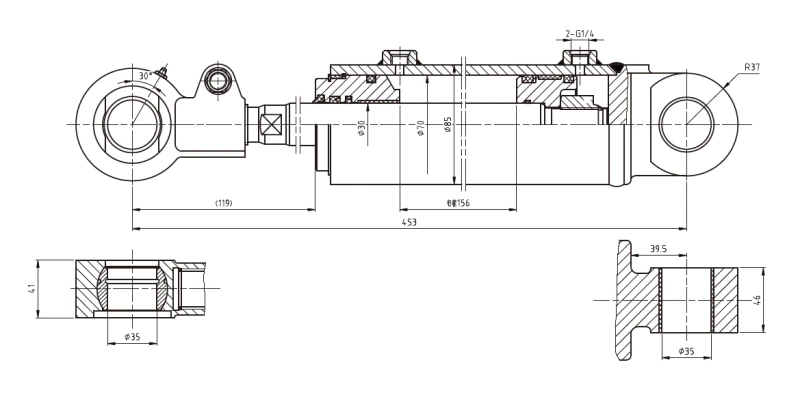 Engineering CAD drawing showing pin to pin dimensions for Forklift tilt cylinder EPYY11112001