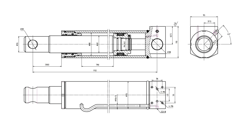 Engineering blueprint showing dimensions and flange mounting of EPYY11112025 front outrigger cylinder