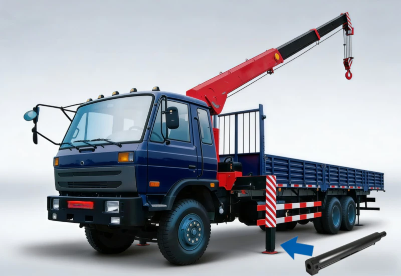 Typical application scenario showing front outrigger cylinder deployed on a truck crane for chassis stabilization