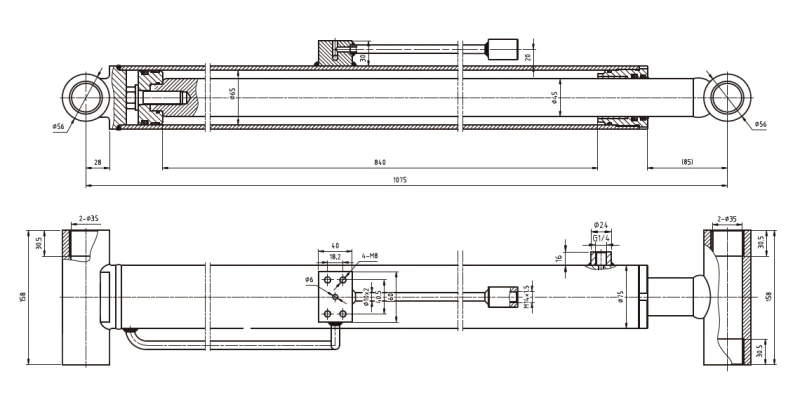 Engineering CAD drawing of the EPYY11112003 Boom Lift Cylinder detailing the 1075mm installation distance