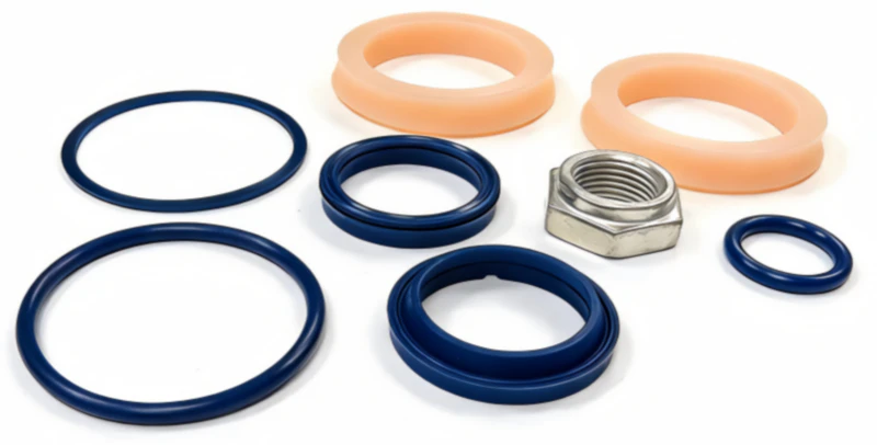 Close-up display of high-quality Japanese NOK multi-lip seal rings and guide rings for hydraulic lifting cylinders