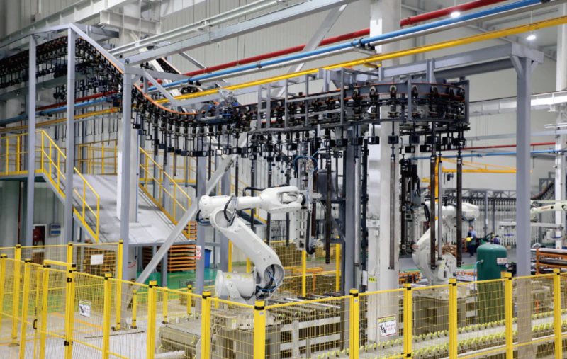 Automated paint line robots in factory
