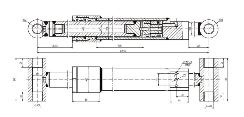 Structural CAD diagram of EPYY11112005 main boom angle cylinder detailing 1259.7mm distance