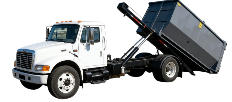 Roll-off garbage truck hoisting a loaded waste container using heavy-duty swing arm hydraulic cylinders