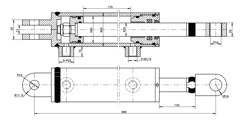 EPYY11112004 Steering Cylinder Structural CAD Diagram detailing 400mm installation distance and 125mm stroke