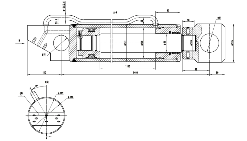 Cross-sectional engineering schematic of a multi-stage telescopic hydraulic cylinder