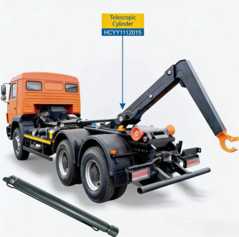 Telescopic hydraulic cylinder extending a refuse vehicle's jib arm to grab a waste container for automated collection