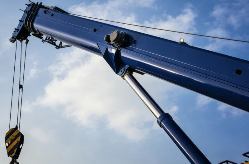 Close-up of a high-tonnage main boom angle cylinder showcasing the chrome rod and safety manifold blocks