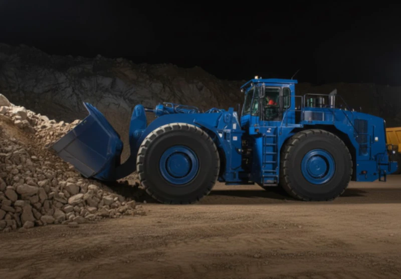 Heavy duty underground loader vehicle operating in a dark narrow mining shaft showing its robust boom and bucket lift hydraulic cylinders