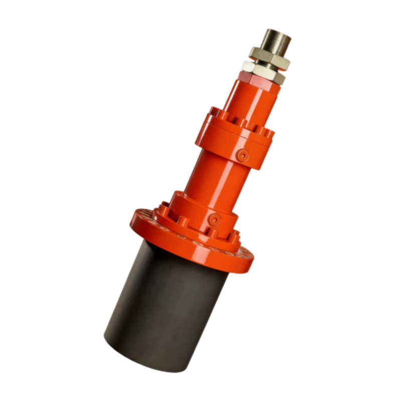 Detailed product profile of the EPYY11112028 wind power locking cylinder showcasing the heavy flange mount and induction hardened rod